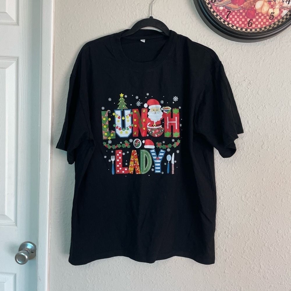 Lunch Lady Christmas Graphic T-Shirt Black Cotton Santa Holiday Tee XL